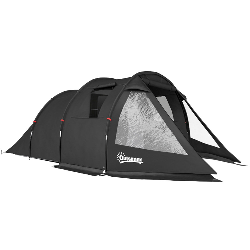 Black 3-4 Person 2-room Tunnel Camping Tent, 2000mm Waterproof Uv Resistant Tent With Window Covers & Carry Bag