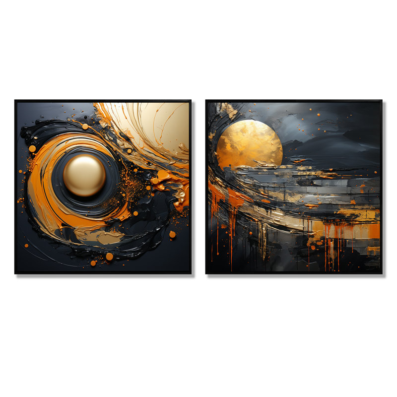 Ensemble de salon mural noir et orange en forme de lune I - formes abstraites modernes, Cadre noir