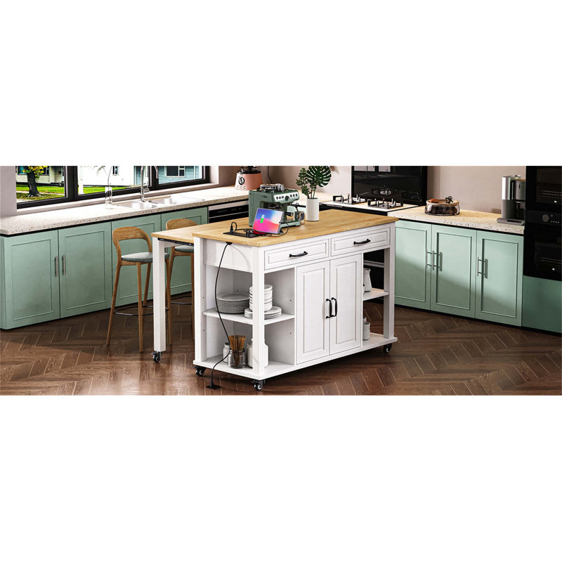 Îlot de cuisine polyvalent avec table de salle à manger extensible, supports de rangement internes, prises de courant intégrées, tablettes réglables et options de mobilité double.