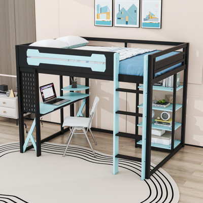 Lit mezzanine double en bois avec bureau, lumières à DEL RVB et tablettes