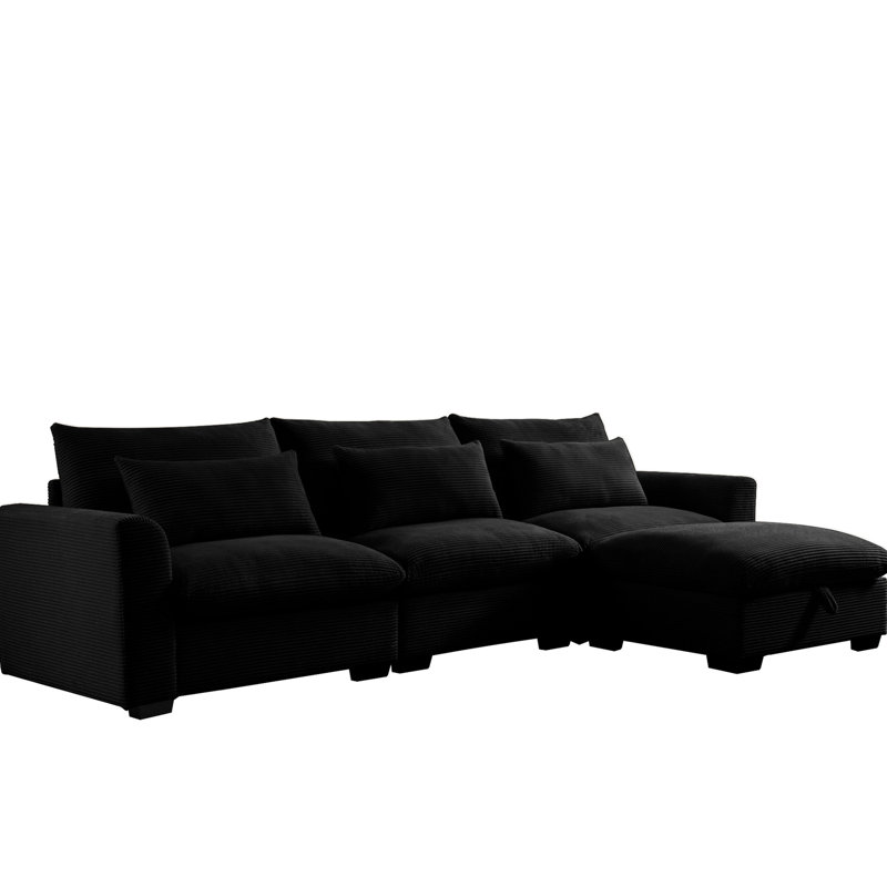 Canapé modulaire en velours côtelé pour chambre à coucher et salon, noir avec repose-pieds avec rangement, noir, 3 coussins fonction confort