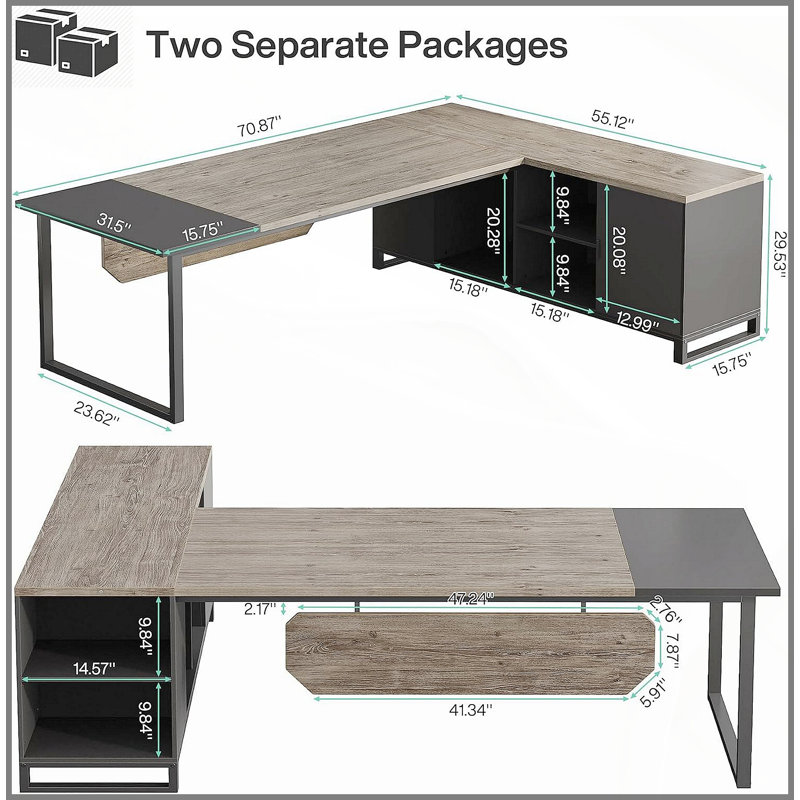 70.8 Inch L-Shaped Executive Desk with 55 Inch File Cabinet, Large Industrial Computer Workstation, Corner Office Desk for Home & Business, Retro Gray & Black