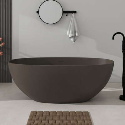 61 inch Oval Freestanding Bathtub, Stone Resin Soaking Tub with Overflow & Pop-up Drain, for Modern Bathroom