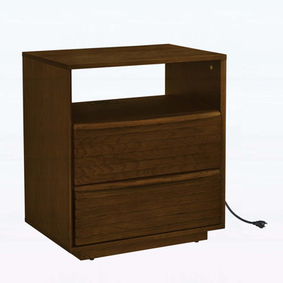 Nightstand with Charging Station, Outlet Hole, and 2 Drawers, Louver Design for Living Room and Dorm