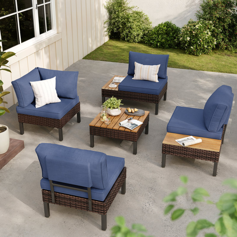  Ensemble de conversation d'extérieur en métal en forme de L pour 4 personnes avec coussins, Bleu