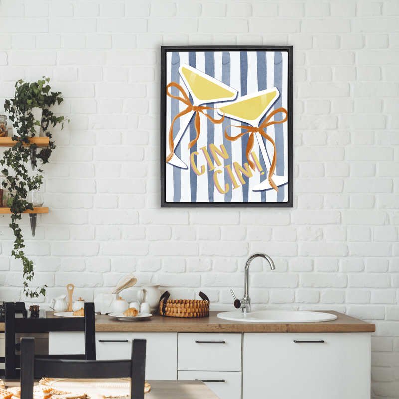 Cadre flottant Cheers Drinks on Stripes, design par Lucille Price, Cadre flottant noir de jais, H 21 po x l 17 po
