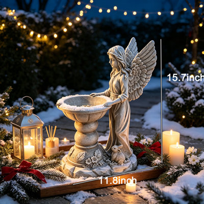 15” Vintage Angel Bird Bath Statue, Resin Weather Resistant Garden Angel Sculpture with Pedestal Bowl, Decorative Bird Feeder & Water Basin, Cottagecore Bohemian Outdoor Patio Yard Porch Home Art Decor