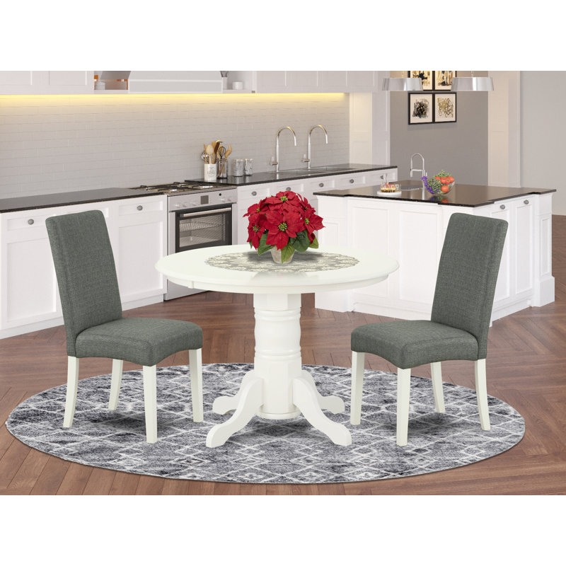 3 Piece Dining Table Set for Small Spaces Contains a Round Kitchen Table with Pedestal and 2 Grey Linen Fabric Parson Dining Chairs, Linen White
