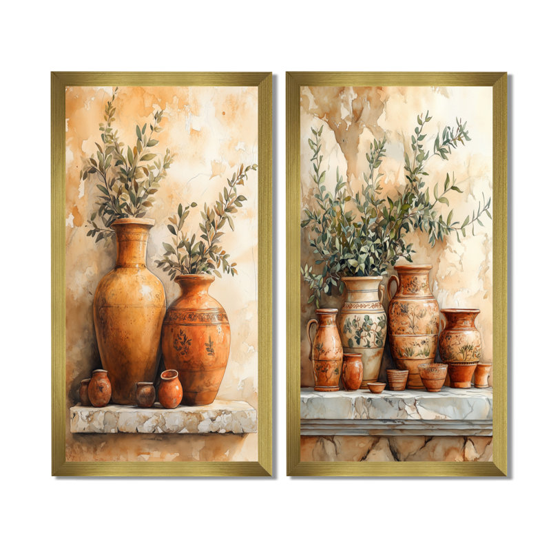 «Pottery Still Life», ensemble d'art mural 2 pièces, H 40 po x l 40 po, Cadre doré simple