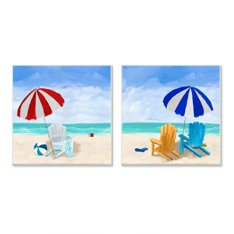 «Beach Chairs At Shore Summer Nautical Scene» par Julie Derice - ensemble de 2 impressions sur bois, Plaque murale