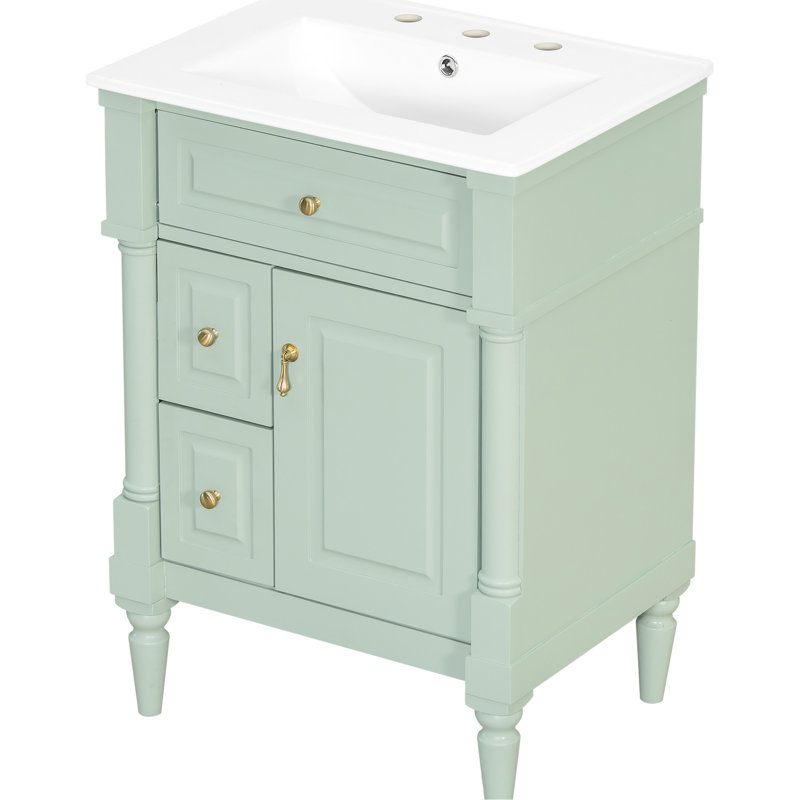Meuble-lavabo autoportant de 61 cm (24 pouces) avec lavabo en céramique, tiroirs astucieux, lavabo intégré, tiroir rabattable et tablette intérieure réglable.