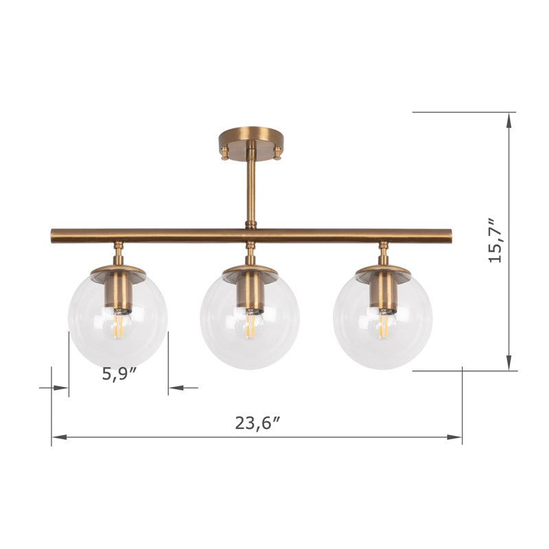 3 Lights Metal Body Globe Semi Flush Mount With Glass Cap, Vintage