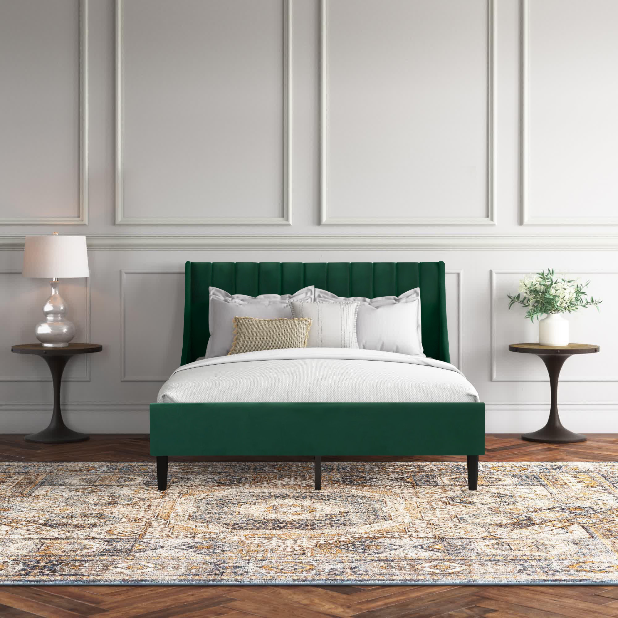 Helaina Upholstered Wingback Bed, Queen, Evergreen Velvet