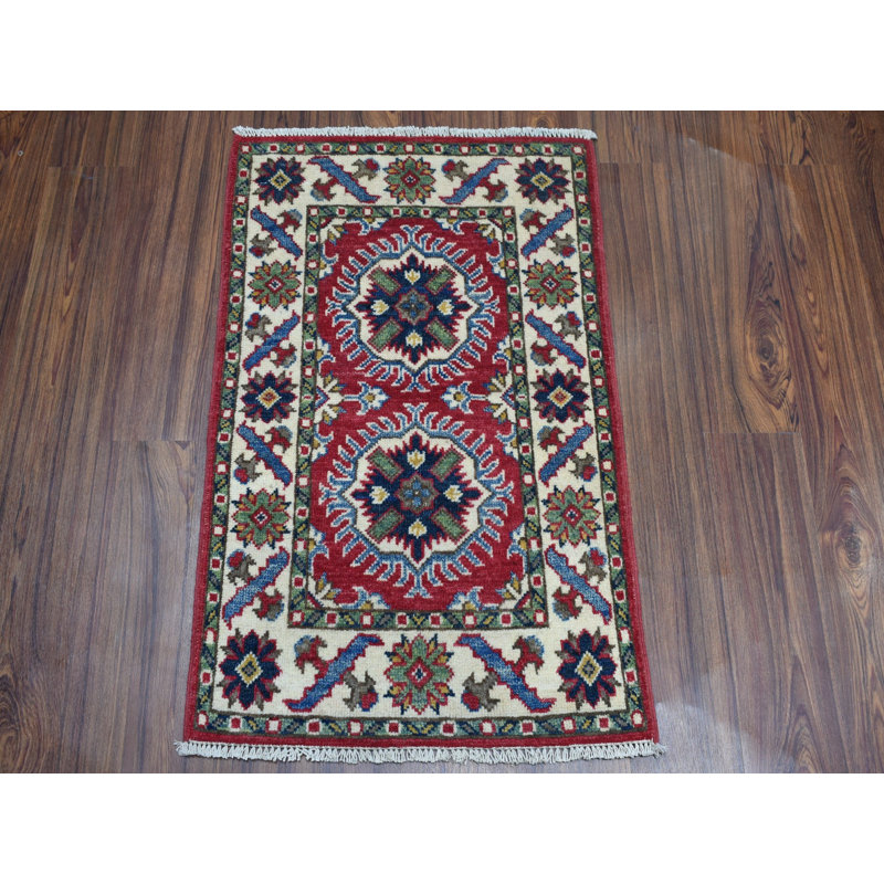 Tapis zone ivoire en laine 2 pi x 3 po noué la main one-of-kind kazak Justus
