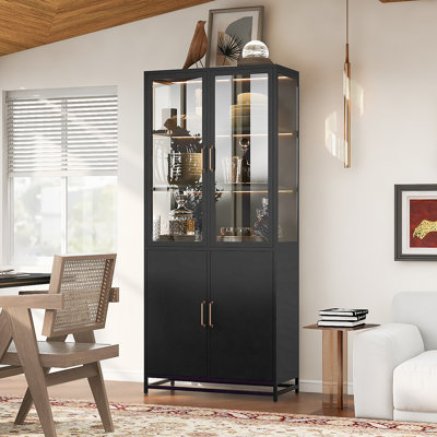 76.75'' Tall Display Cabinet With Glass Doors And LED Lights, Steel Curio Cabinet With 3-Sided Glass, Pantry Cabinet With Storage For Hallways, Livingroom Kitchen Home Decor & Office - Black