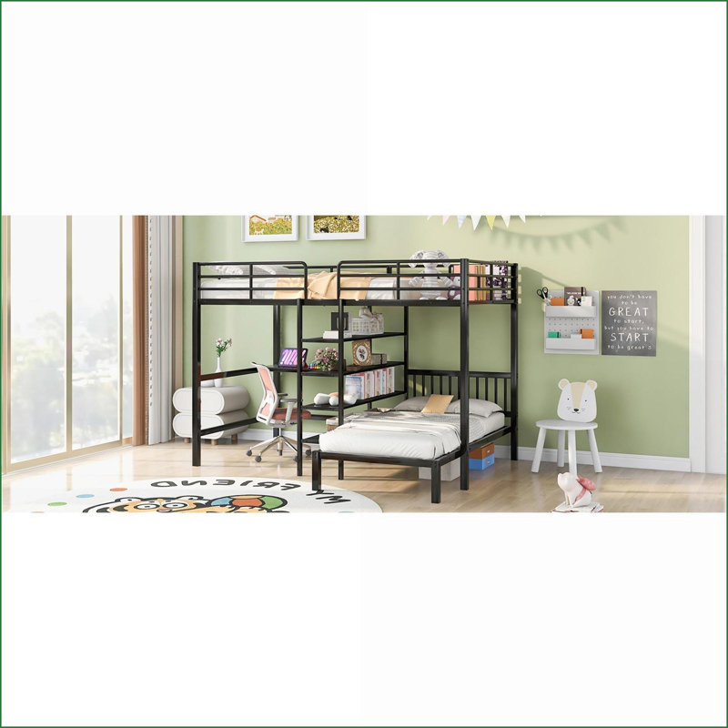 Lit superposé double au-dessus de simple avec bureau intégré, tablettes et amp; Échelle - Conception noire peu encombrante