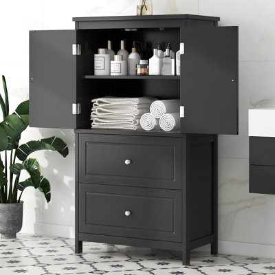 Armoire de rangement pour salle de bain, armoire avec deux portes et tiroirs, tablette réglable, panneau de fibres à densité moyenne, noir