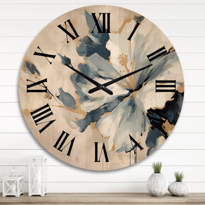 Blue White Hibiscus Tropical Harmony Flowers II - Floral Oversized Wood Wall Clock