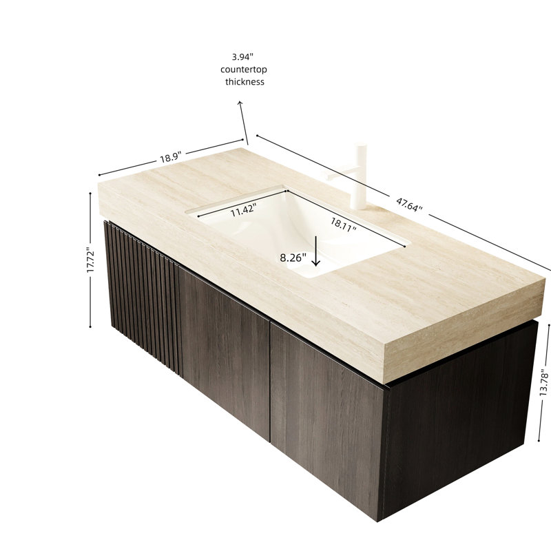 Meuble-lavabo et lavabo flottant 48 po, armoire en contreplaqué, pierre frittée, cuve en céramique, portes de tiroir à fermeture en douceur, système de fixation murale, installation murale