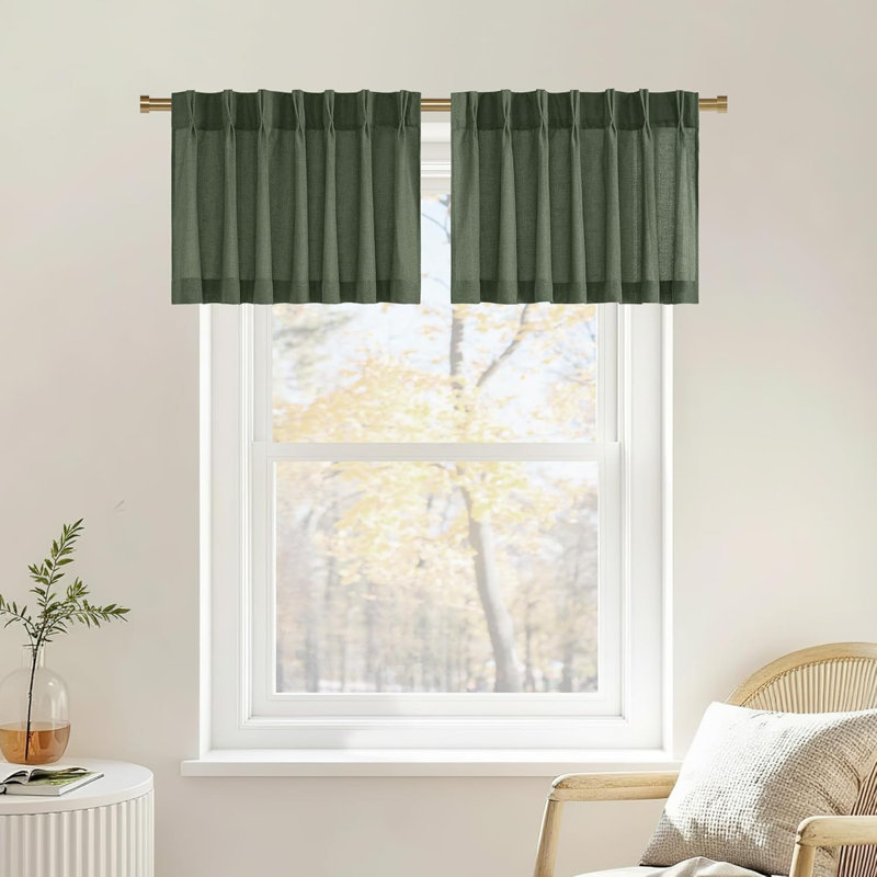  Pinch Pleated Linen Valances for Windows, 2 Panels Set Farmhouse Light Filtering Small Sheer Curtains for Cafe Bar Kitchen Over Sink Christmas Decor