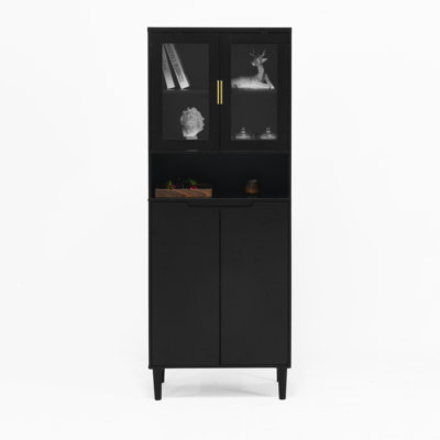 Tall Storage Cabinet w/2 Glass Display Door & 2 Doors, Kitchen Pantry Cabinet w/ Gold Handles by Latitude Run