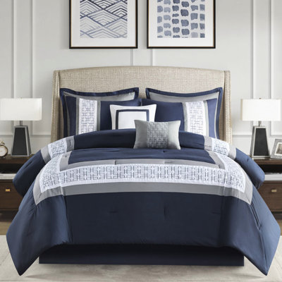 Édredon 8 pièces pour grand lit - Literie bleu marine avec édredon brodé, taies décoratives, coussins décoratifs euro Gracieux aspect chambre à coucher lavable à la machine brodé avec style transitionnel