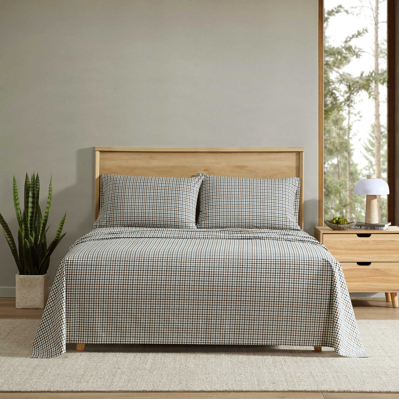 Shasta Lake Cotton Percale Standard Sheet Set, Queen Sheet Set with 2 Pillowcases, Beige Plaid