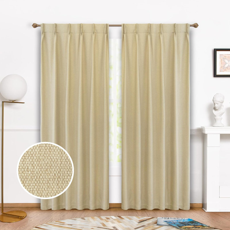 Kassia Pinch Pleated Faux Linen Textured Blackout Thermal Insulated Curtains, Beige, 42" W x 84" L