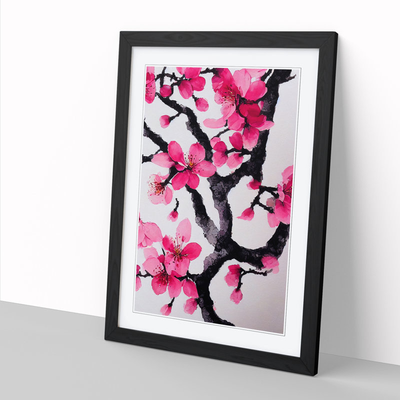 Watercolour Cherry Blossom Tree Vol.3 - Picture Frame Print, 34cm H x 25cm W x 2cm D, Walnut