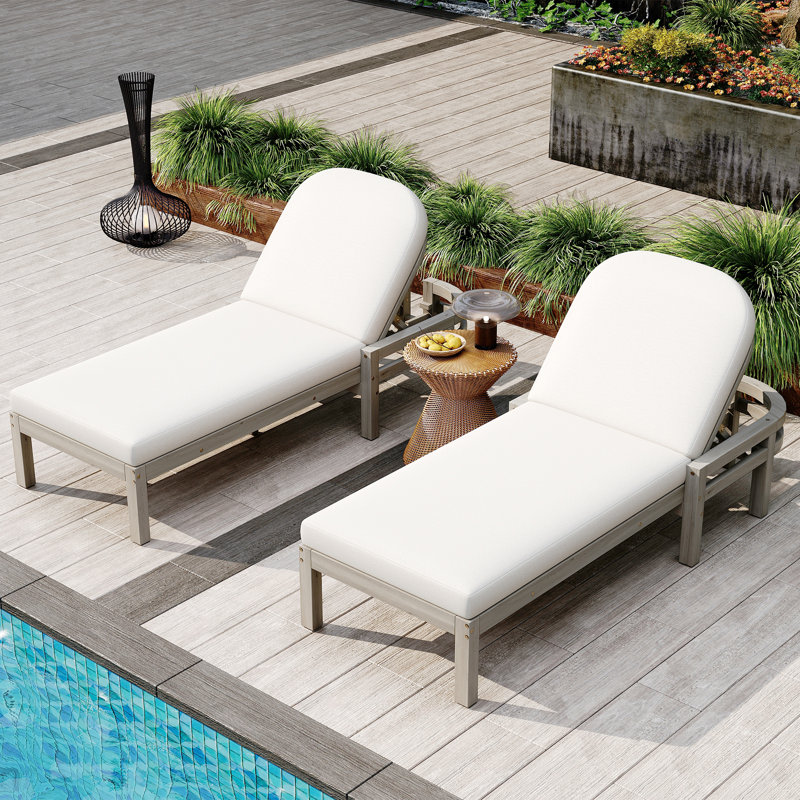Outdoor Chaise Lounge Set of 2, Premium Acacia Wood Patio Recliner with Arched Backrest, 5-Position Adjustable Backrest, Gray