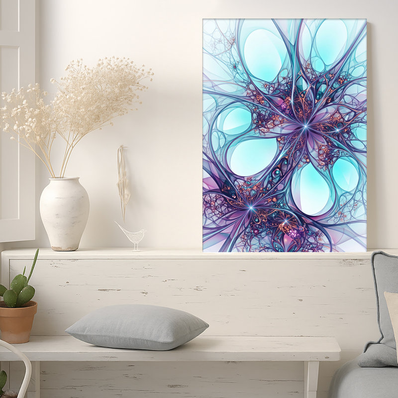 Impression sur toile cyan et mauve à motif de fractales tourbillonnantes, 24"H x 16"W