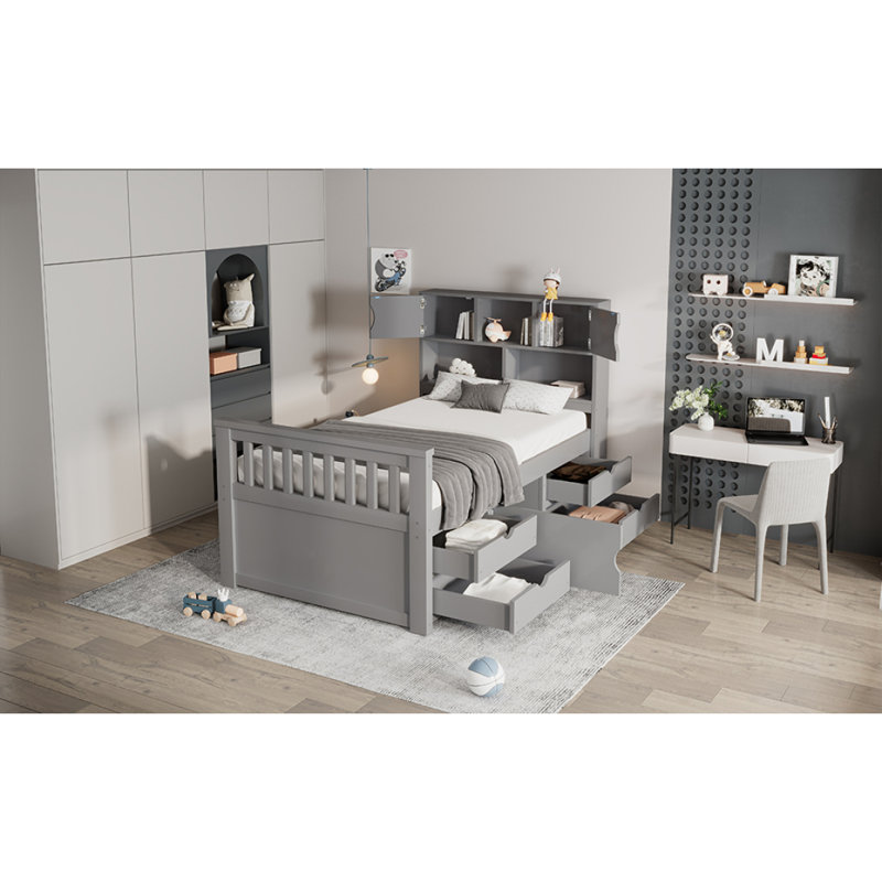 Structure de lit plateforme simple avec bibliothèques et tablettes de rangement, quatre tiroirs, gris, Gris