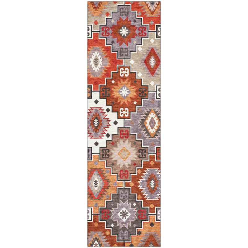 Premium Machine Washable Mayfield  Ethnic Rug, 2'3" x 7'6" Runner, Paprika