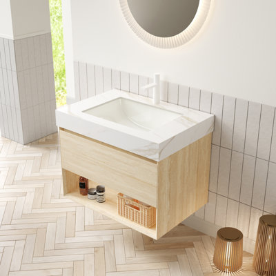 Frigga 30" Bathroom Vanity&sink, Floating Plywood Storage Cabinet, Drawer&shelf With Sensor Light, Ceramic Undermount Basin&calacatta Gold Sintered Stone Top, Pre-assembled, Travertine Texture Finish 