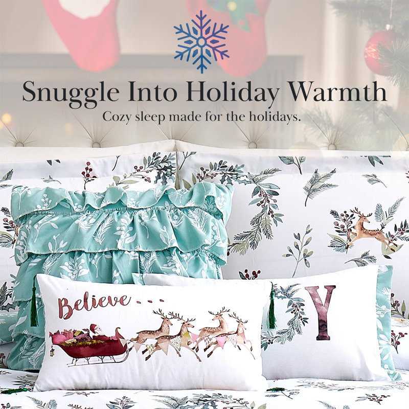 Happy Holidays White/Mint Microfiber Reversible Comforter Set, King/California King Comforter+5 Additional Pieces