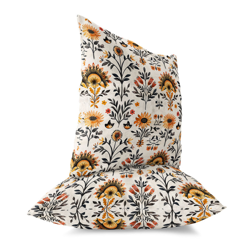 Coussin décoratif intérieur / extérieur Rustic Sunflower Harmony, H 18 po x l 18 po, Beige/Orange