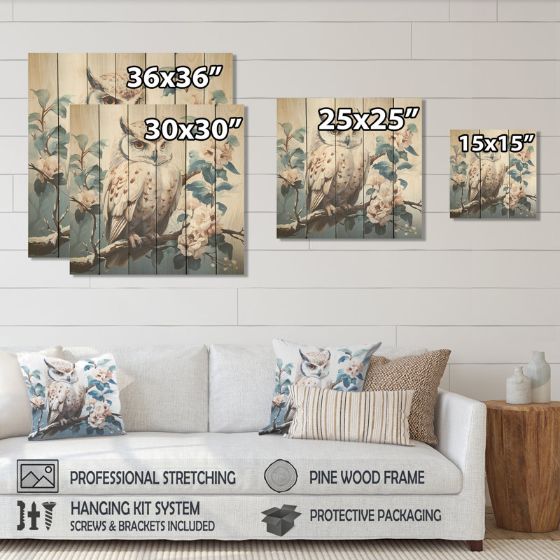 Owl Blooms Perch I - Owl Animal On Wood Print, 30" H x 30" W