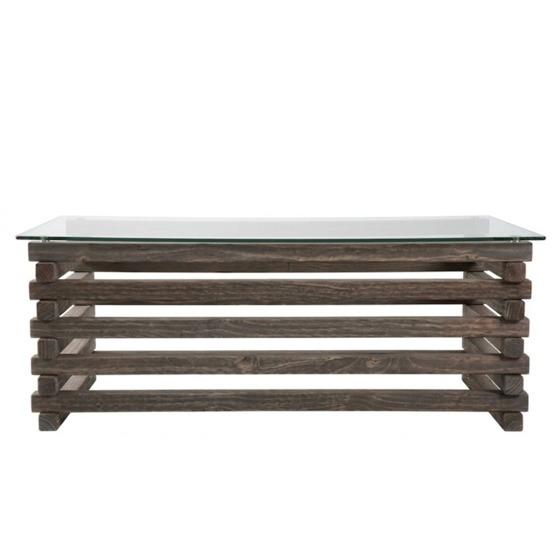 Kahlei Table basse grise rectangulaire en verre avec base en lattes de bois empilées