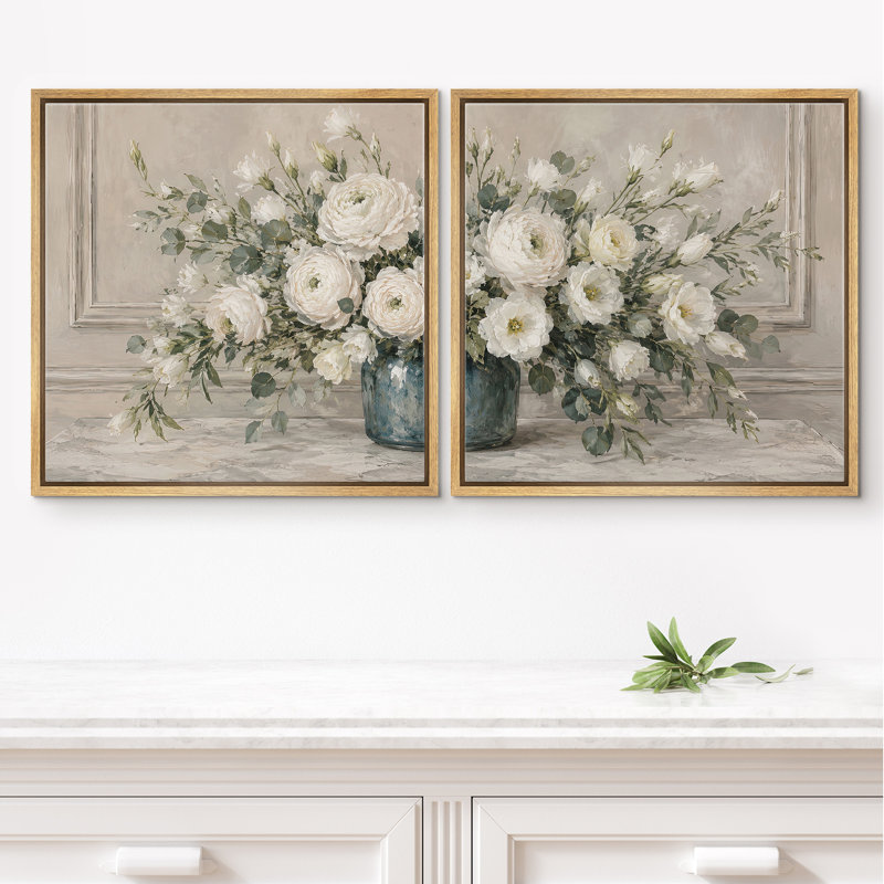 Doux vase floral blanc avec élégance botanique neutre, ensemble de 2 reproductions d'art sur toile encadrées, Encadré naturel