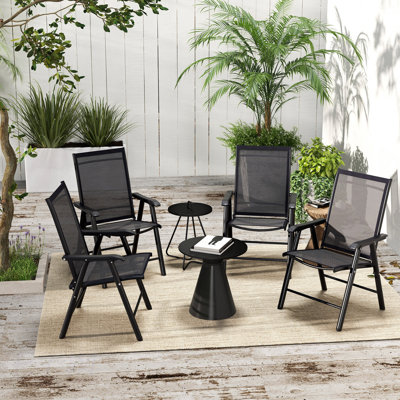 Set Of 4 Stackable Outdoor Sling Folding Chairs With Armrests For Lawn, Camping, And Beach, No Assembly Required