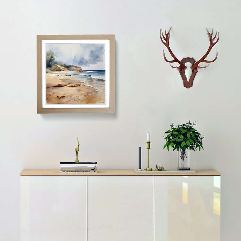 Beach Watercolour No.5 Framed Print, Oak