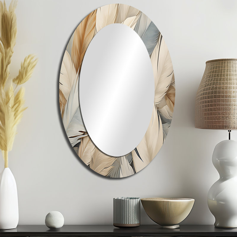 Feathery Plumes II - Large Oval Wall Mirror On Metal, 36" x 24"