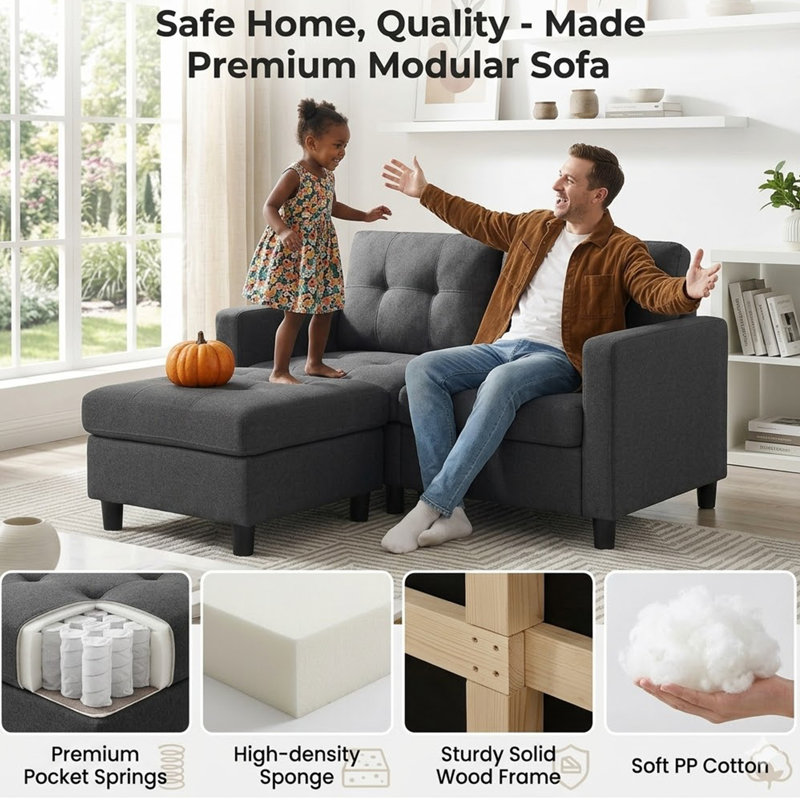 Kentrell 54"W Upholstered Loveseat with Ottoman, Dark Gray