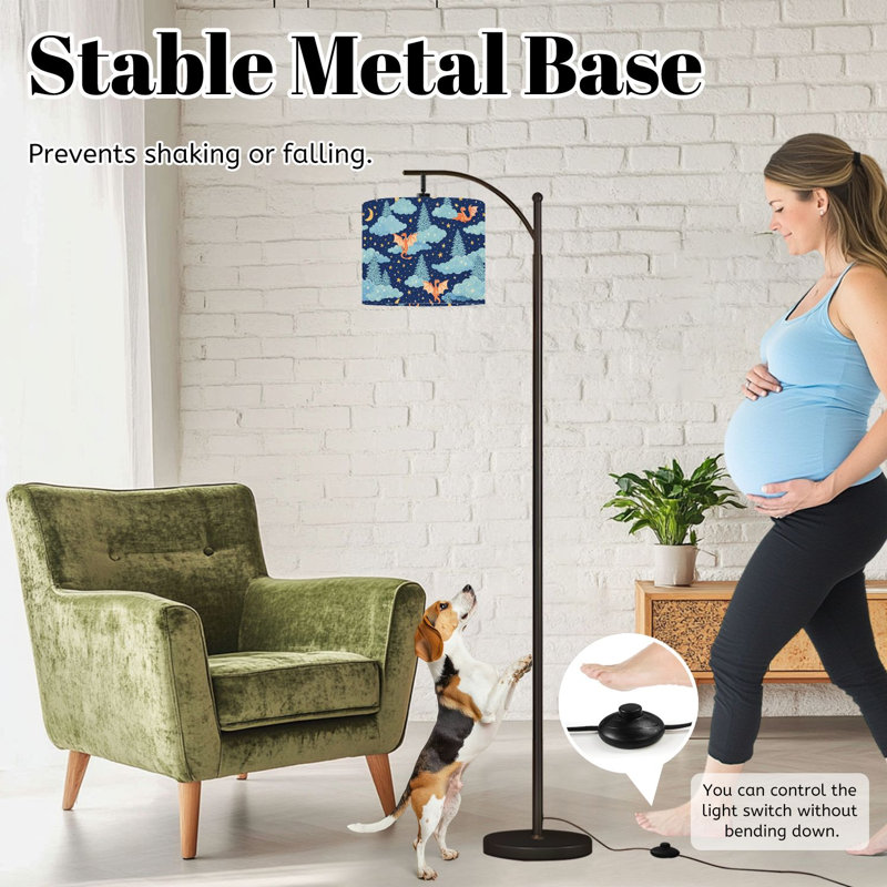 Arc Floor Lamp with Adjustable Lampshade Fantasy Night Sky Dragons Clouds Stars Trees Standing Lamp 3 Color Temperatures Dimmable Tall Pole Lamp with Foot Switch for Bedroom