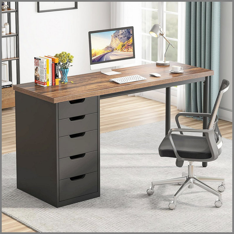 Bureau d'ordinateur de 47 pouces avec 5 tiroirs et armoire réversible, brun rustique et noir, idéal pour les petits bureaux à domicile et les zones d'étude
