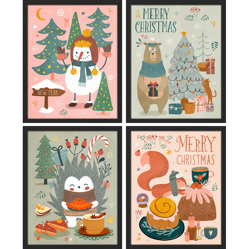 «Christmas Decor Season Snowman Tree Squirrel», impression sur papier 4 pièces, Noir, H 14 po x l 11 po