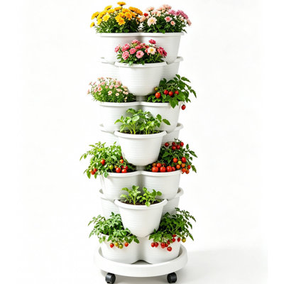 Strawberry Vertical Planters Tower Garden, 7 Tiered Stacking Herb Vegetable Planter With Support Pole Indoor And Outdoor