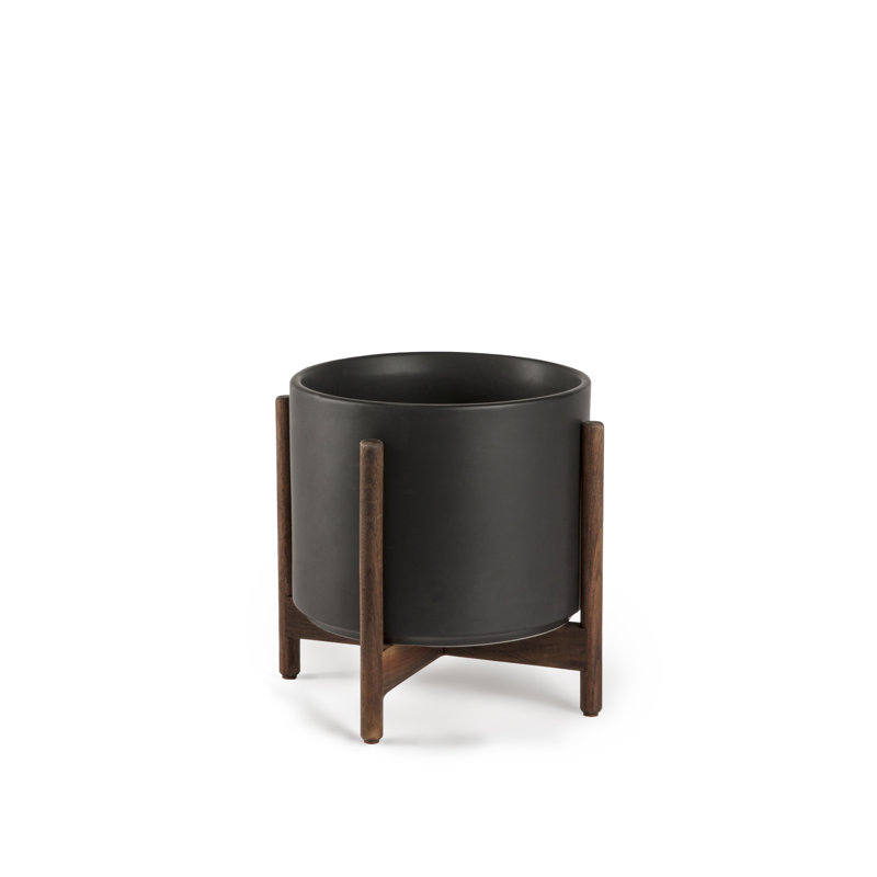 Pot à fleurs en grès Riverside, H 18,25 po x l 12,6 po x P 12,6 po, Noir / teck foncé