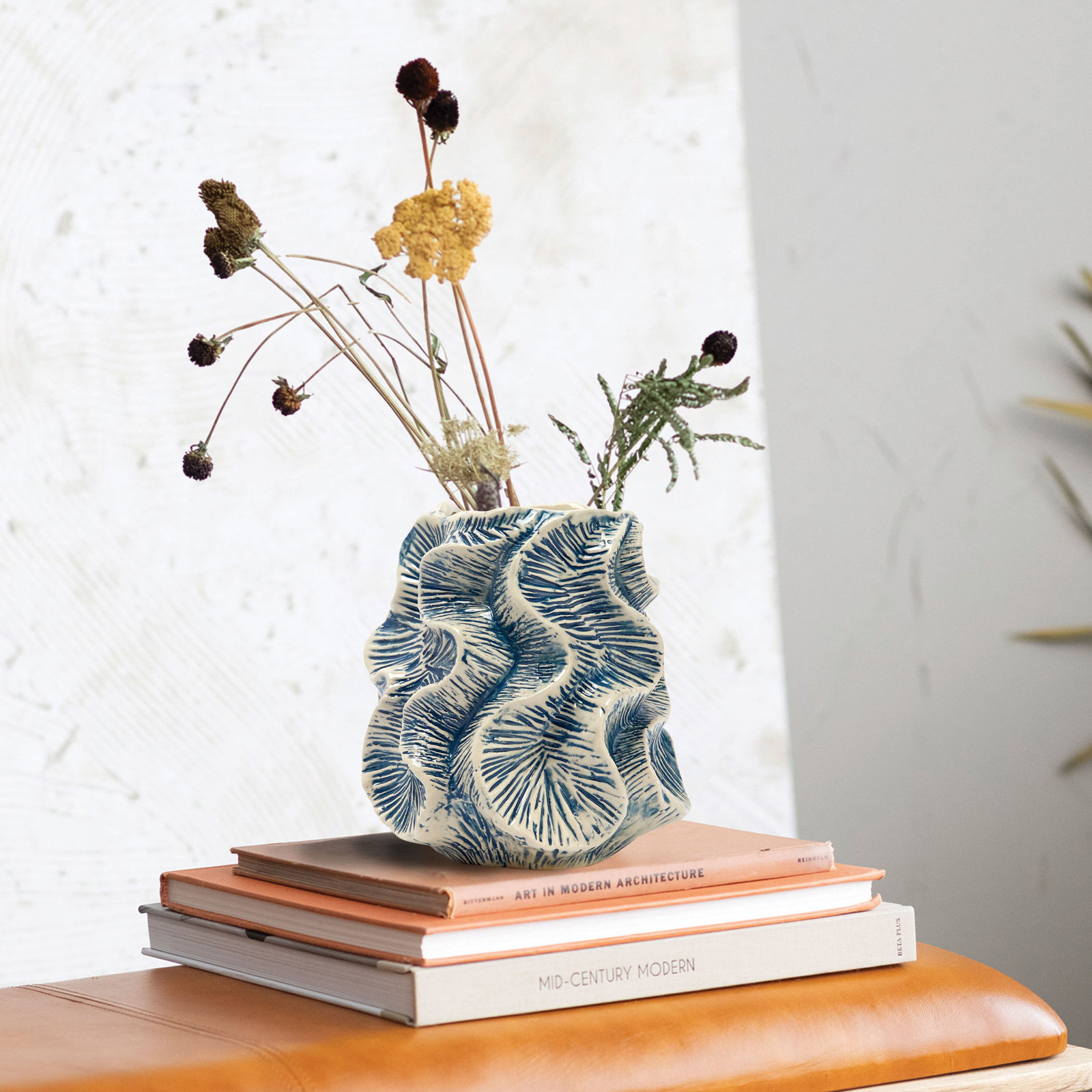 Fieldway Organic Shaped Stoneware Vase with Wavy Pattern Exterior, Ivory/Blue