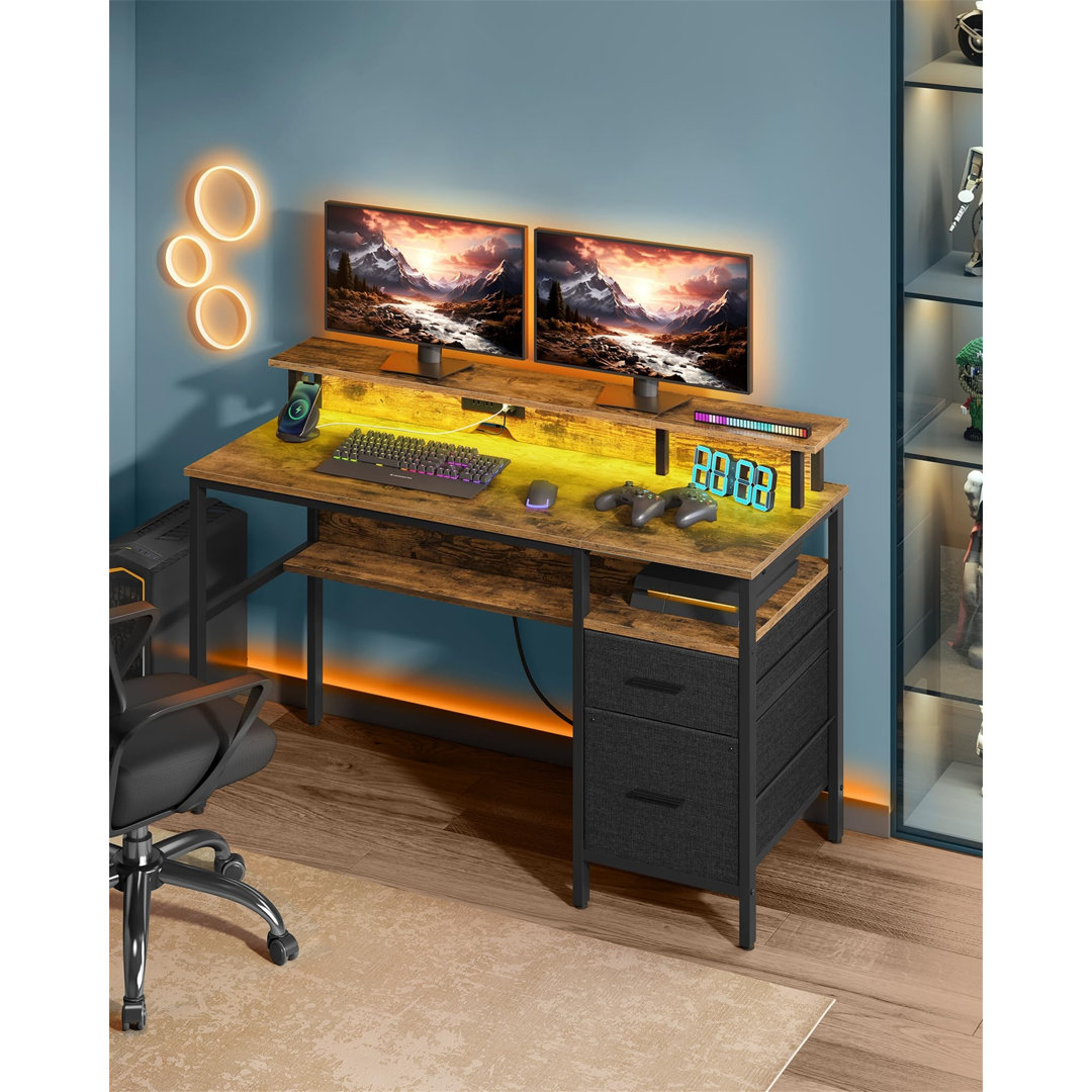 Gaming Desk With LED Lights And Built-In Power Outlets, Computer Desk With Monitor Shelf, Corner Desk, 2 Drawers, 2 USB Ports, For Home Office,